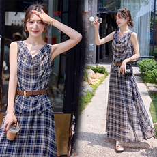 法式复古格子套装裙女2025夏新款气质荡领背心上衣半身长裙两件套，女装套装/套裙，沁沁公主