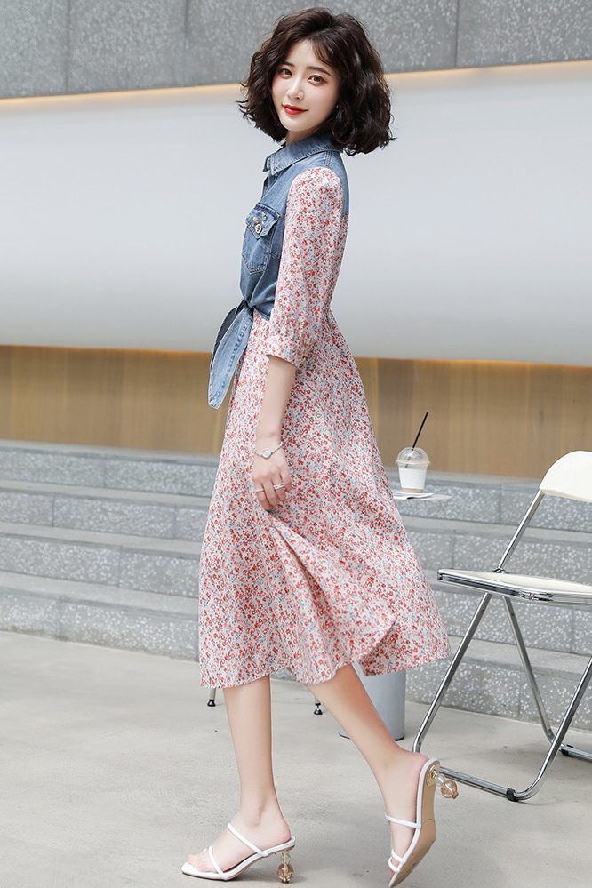 2021新款夏韩版雪纺碎花拼接牛仔连衣长裙短袖修身显瘦大摆裙,女装连衣裙,瑶迪依秀