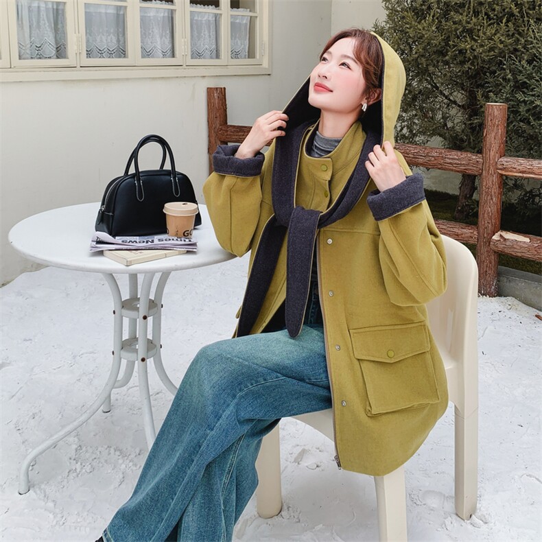 25冬新品呢子风衣撞色帽子可拆5538-P235-K358,女装短外套,2C305