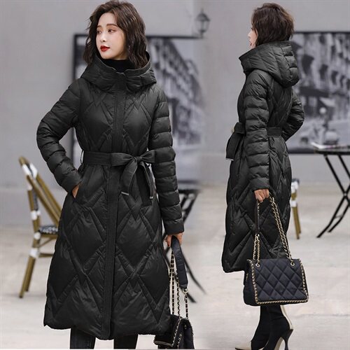 中长款系带羽绒服女2023冬季新款韩版连帽长袖保暖修身中长款外套图片