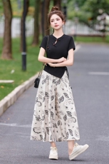 新中式套装女2025夏季新款不规则盘扣t恤印花阔腿裙裤两件套，女装套装/套裙，关键词