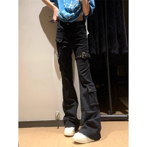 夏季黑色vibe绑带男女微喇牛仔裤cleanfit美式高街长裤D7818图片