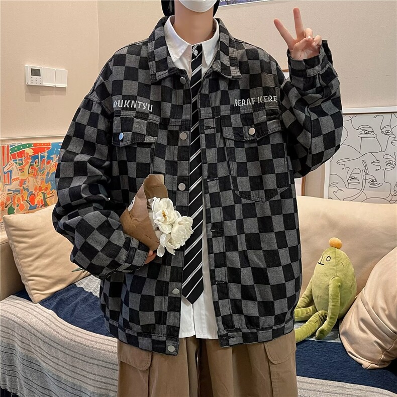 长袖新款刺绣款棋盘格外穿夹克单排扣秋季翻领青春流行J3710P58图片