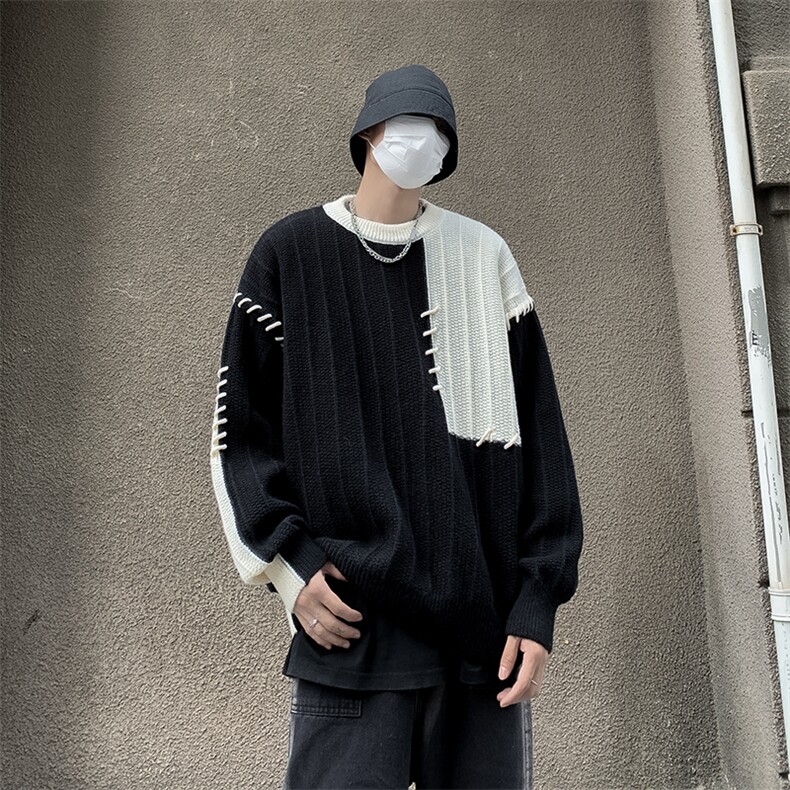 秋冬男圆领套头毛衣条纹拼色穿孔抽绳针织衫休闲外套M627P55,男装针织衫/毛衣,星座1013-1