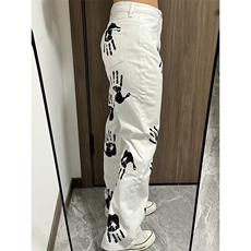 2026水墨手掌印花白色牛仔裤高街hiphop潮炸街长裤K71126-P45网图，男装牛仔裤，电商B245