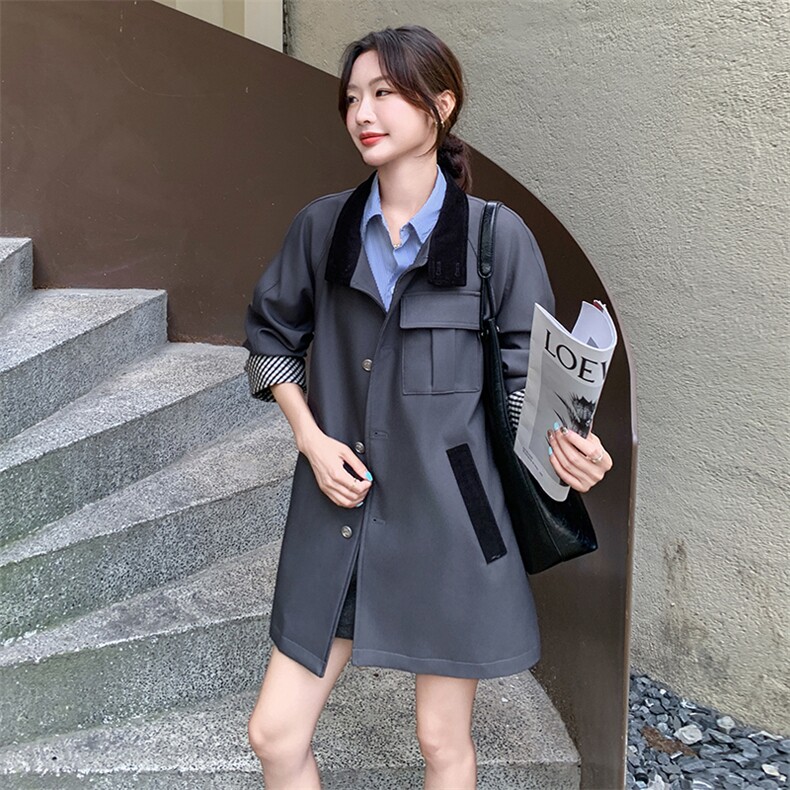 格子拼接灰色风衣外套女春季中长款小个子韩系高级感设计感流行,女装风衣,慧峰