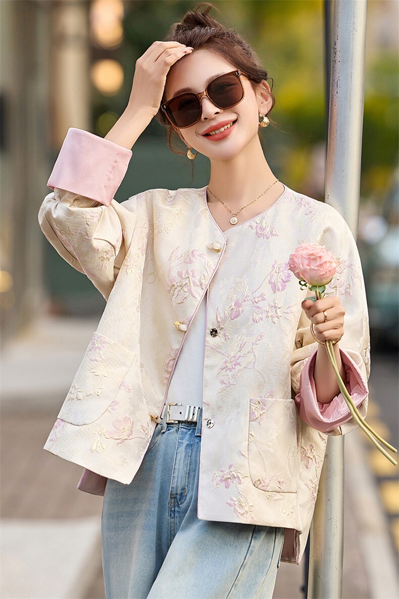 新中式国风提花刺绣短外套女2025春新款小香风独特漂亮高级感上衣,女装短外套,美沁