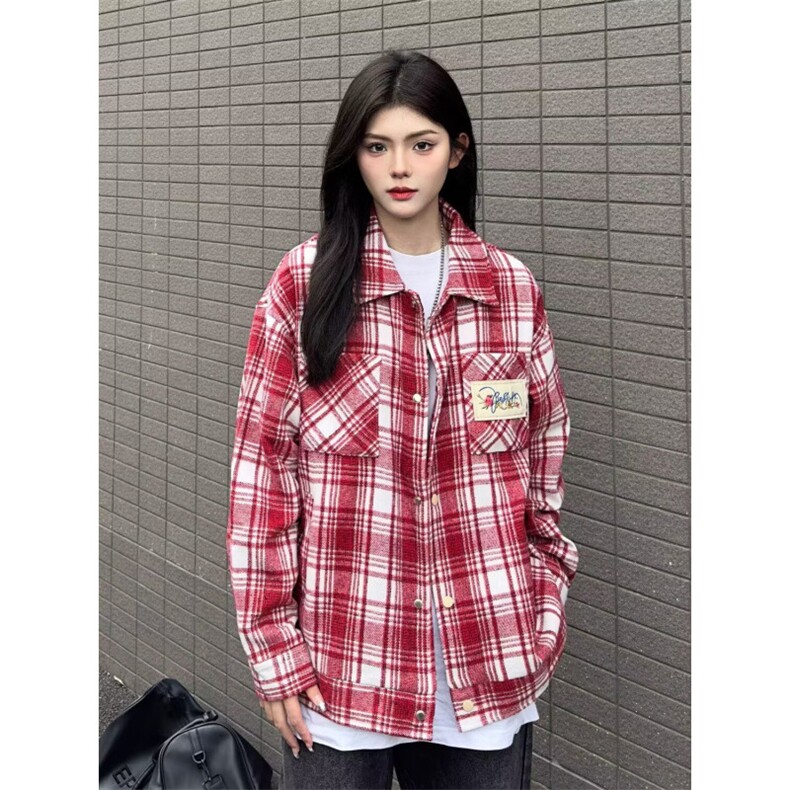 美式高街拼色刺绣格子长袖衬衫夹克男女设计感小众宽松潮外套图片