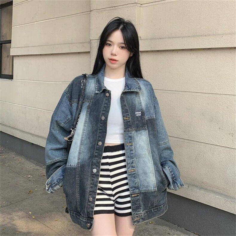 复古蓝拼接牛仔外套男中长款宽松小众设计感拼色ins机车夹克上衣,男装工装外套,星座506A