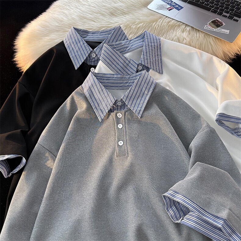 8XL-M假两件衬衫领短袖T恤大码夏季条纹拼接polo衫半袖DX1211/P45图片