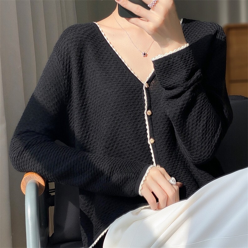 2025秋冬百搭时尚简约v纽扣长袖针织衫,女装羊毛衫,浙麦羊绒