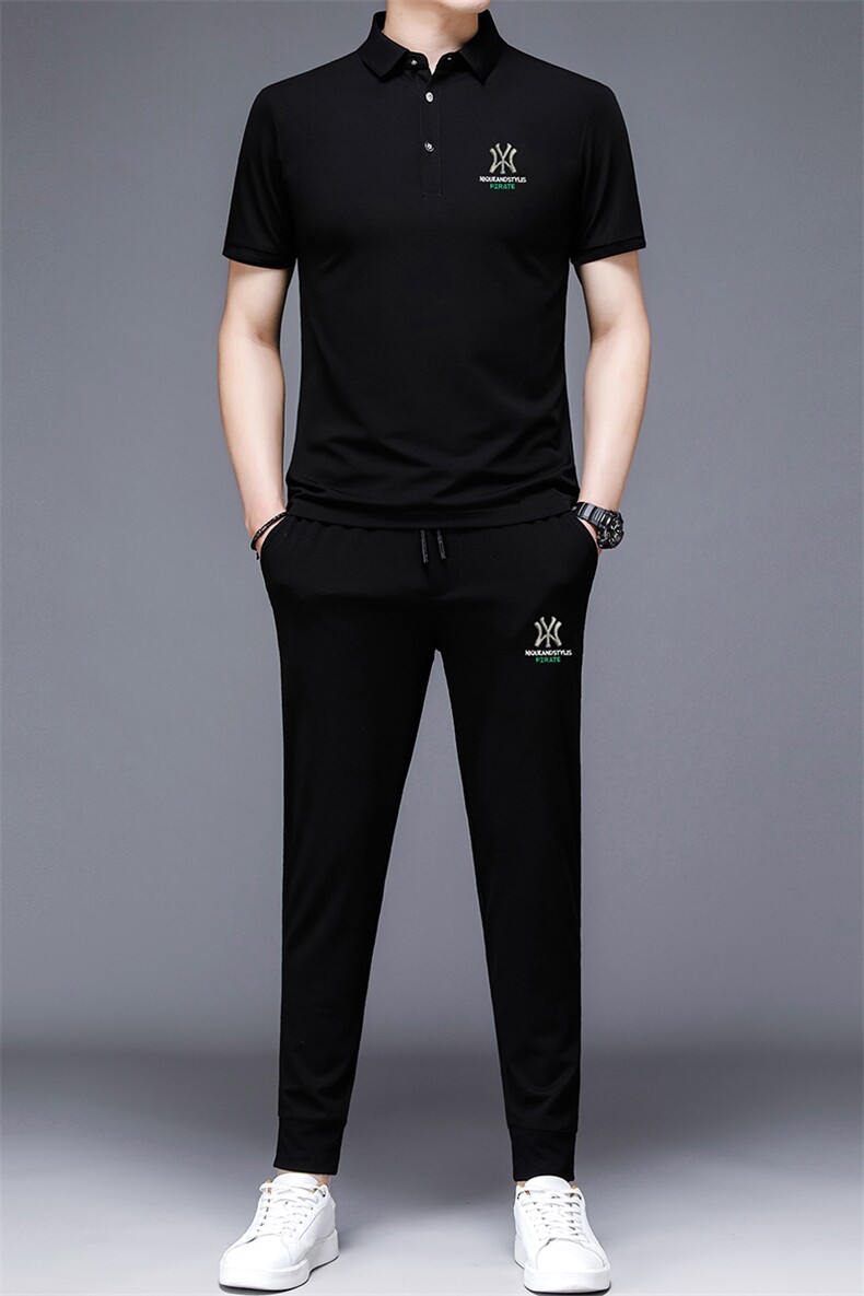 HP508夏季男式短袖长裤透气两件套运动休闲翻领修身t恤套装P138,男装休闲套装,电商B360