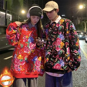 B203秋冬加绒保暖衣圆领防寒花卫衣外套潮男女团队服火锅店中汉服图片