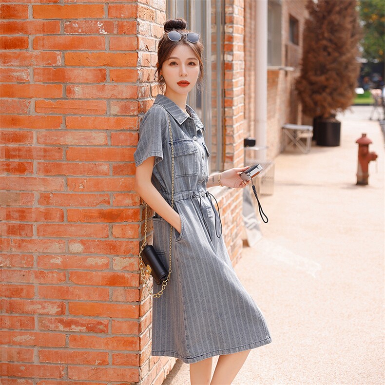时尚显瘦牛仔连衣裙女夏季新款韩版宽松短袖学生裙子,女装连衣裙,秋水欣儿