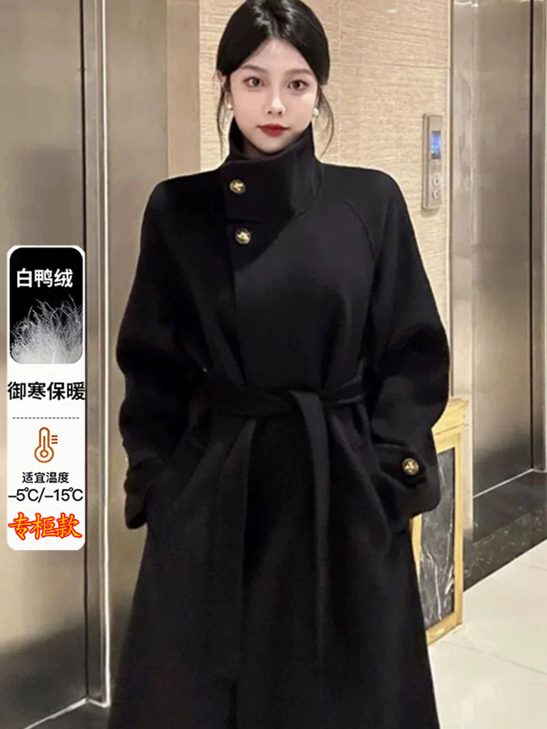 黑色羽绒内胆毛呢外套女长款2025冬季新款时尚加厚赫本风呢子大衣,女装羽绒服,纪茹