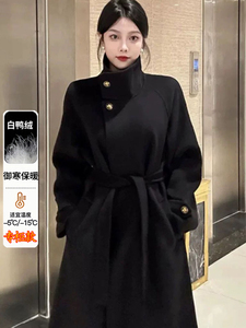 黑色羽绒内胆毛呢外套女长款2025冬季新款时尚加厚赫本风呢子大衣图片