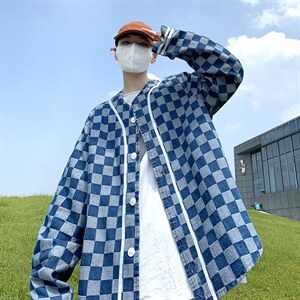 22秋冬港风大码夹克宽松棒球服外穿棋盘格子牛仔衣ins潮F17/P65,秋冬显瘦穿衣搭配图片