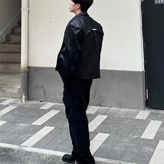 美式时尚短款垫肩翻领皮外套男高级拼接飞行夹克痞帅解构机车服，男装夹克，星座506A