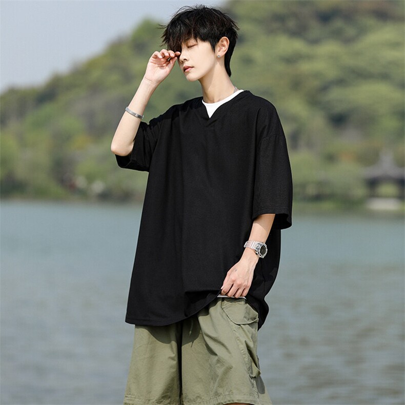8XL-M短袖t恤男款夏季薄款垂感小V领七分袖加肥加大码DT005特P20,男装T恤,电商B312