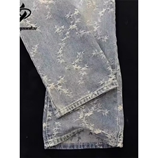 高街荆棘提花牛仔裤新款弯刀裤直筒休闲嘻哈裤子潮K71006-P42网图，男装牛仔裤，电商B245