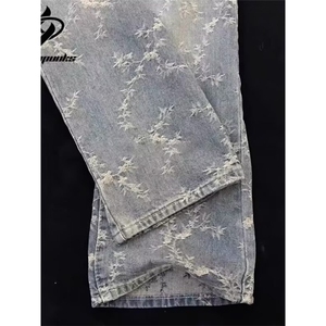 高街荆棘提花牛仔裤新款弯刀裤直筒休闲嘻哈裤子潮K71006-P42网图图片
