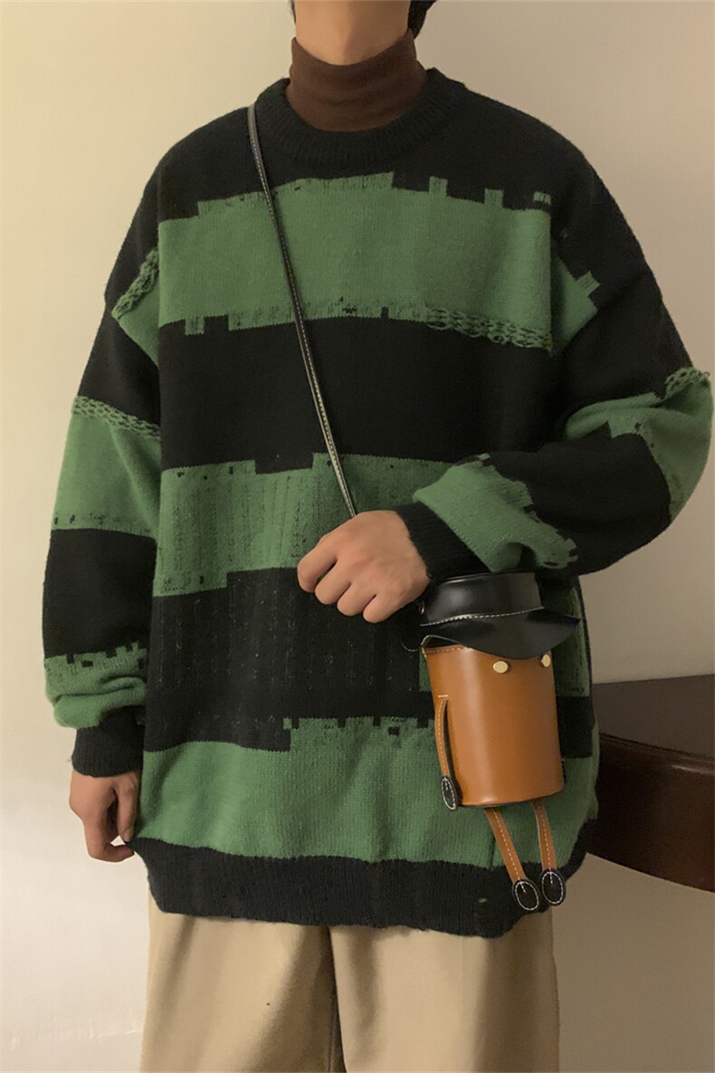 撞色设计感毛衣男秋冬季软糯慵懒风美式复古廓形潮流针织衫上衣服,男装针织衫/毛衣,电商A141