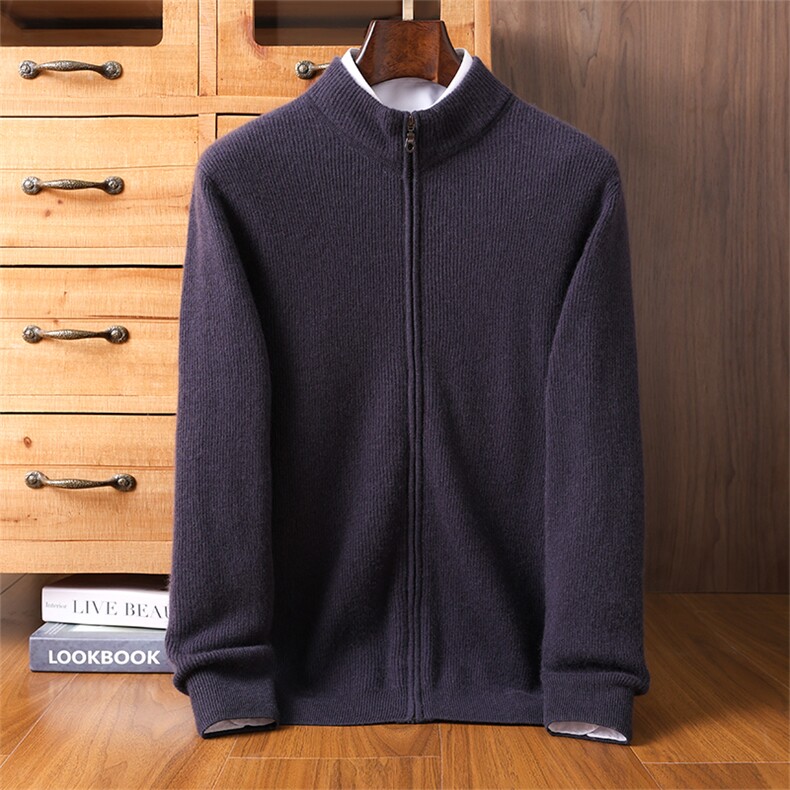 秋冬新款男羊绒开衫外套简约纯色百搭保暖毛衣时尚休闲长袖针织衫，男装羊绒套衫，铂欧羊绒