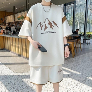 84303-P55青少年圆领短袖套装休闲帅气高中学生宽松t恤男装潮牌
