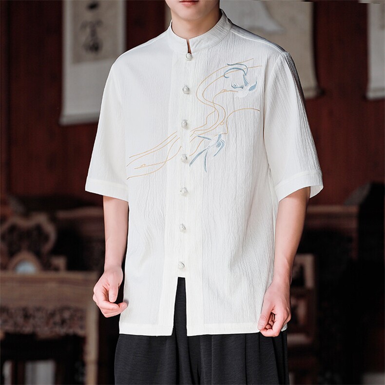 夏季新款新中式棉麻刺绣立领盘扣风衬衫短袖上衣T2520-P65控89图片