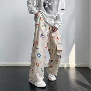美式涂鸦印花工装长裤男女宽松直筒阔腿裤休闲拖地裤子K4491-P46图片