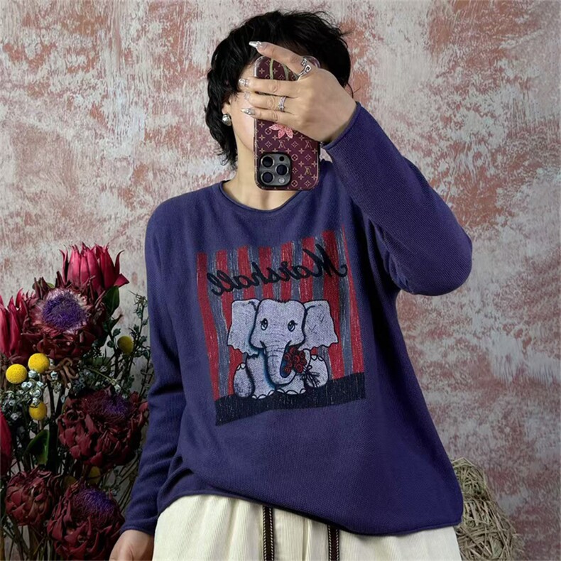 2025年秋季新款大象图案针织圆领女士上衣时尚休闲通勤百搭,针织衫/毛衣,秋虹羊绒