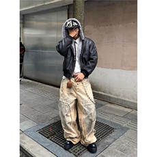 霜冻裂纹皮1500G仿水貂连帽座山雕PU皮外套高级感加绒棉服夹克潮，男装夹克，星座1210-1