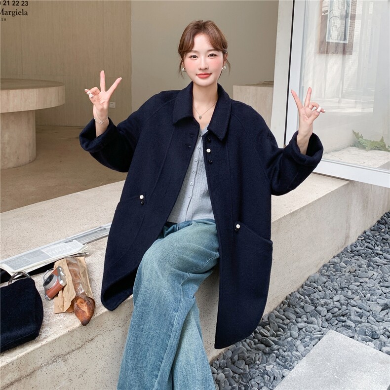 藏青色韩系双面羊毛呢大衣2025新款女冬今年流行中长款毛呢厚外套,女装毛呢外套,2C220