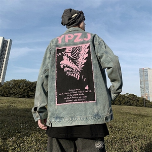 M-5XL大码重工艺春秋季高街宽松复古牛仔外套潮牌夹克衬衫A161图片