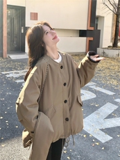 驼色立领羽绒服女2025冬季中长款宽松纽扣装饰保暖外套上衣配围脖，女装羽绒服，艾米莉亚