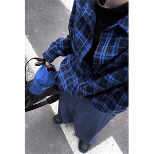 蓝色格子长袖衬衫男女款2026春夏秋季高级感格纹衬衣外套 CS380图片