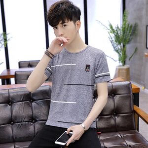 夏季冰丝短袖男横条卫衣男T恤男五分袖圆领套头印花男灰T9506图片