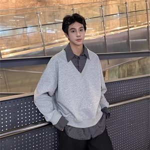 秋冬假两件衬衫领卫衣男韩系时尚上衣潮男宽松百搭套头衣服RHY03图片