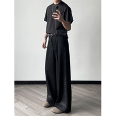 新中式复古拼接绑带设计微喇叭西裤男直筒宽松垂感休闲西装长裤子，男装西裤，四季星座505