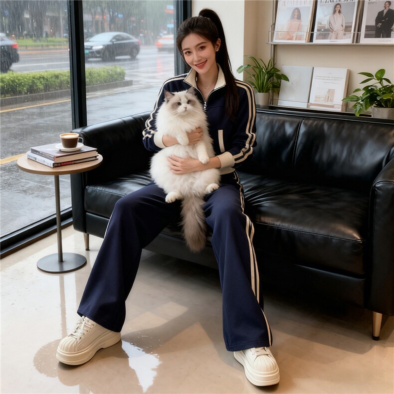 时尚休闲运动套装女秋新款洋气显瘦短款拼接撞色外套阔腿裤两件套,女装套装/套裙,江南