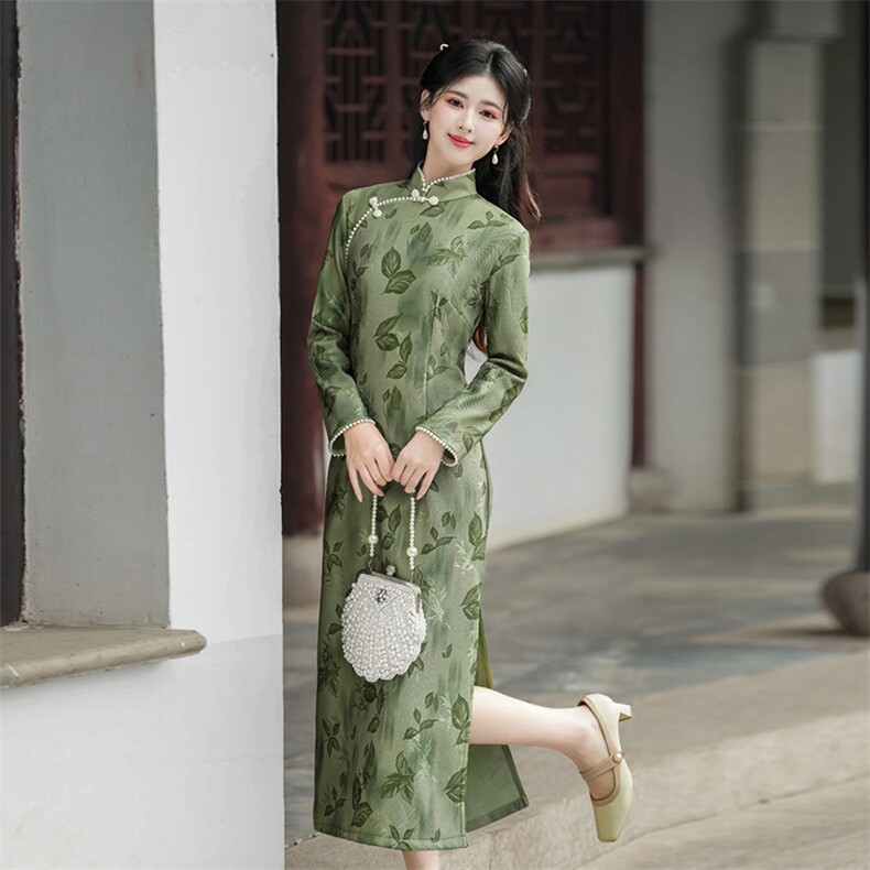 新中式风立领钉珠网纱提花加绒旗袍2649P150,女装汉服/婚纱/旗袍/礼服,乐衣轩