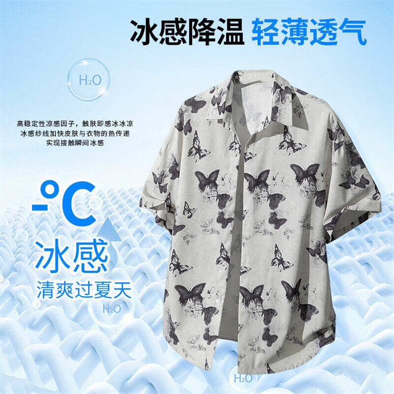 夏季舒适透气冰感短袖衬衫男印花沙滩衬衣冰丝五分袖Q5509-P30图片