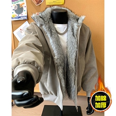 现货高品质美式高街重磅座山雕毛毛领pu皮棉衣男女加厚棉服冬外套，男装皮衣，电商A486-1