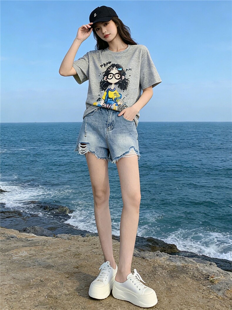 潮流休闲时尚运动套装女夏季新款圆领印花刺绣上衣牛仔短裤两件套,女装套装/套裙,江南