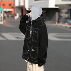 春秋季牛仔外套男潮牌帅气假俩件连帽韩版潮流复古工装夹克JK6680，男装夹克，星座601-2