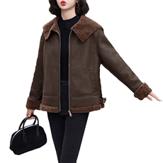 现货2024冬新款海军大翻领短仿羊羔毛皮毛一体加绒加厚外套韩系，女装羊羔毛/颗粒绒，潮流依族