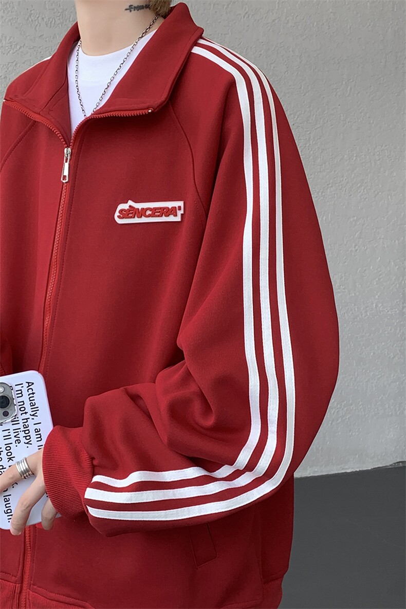 8XL-M条纹撞色开衫新年红卫衣运动套装潮牌运动服校园风TZ114P118,男装休闲套装,电商D206-1