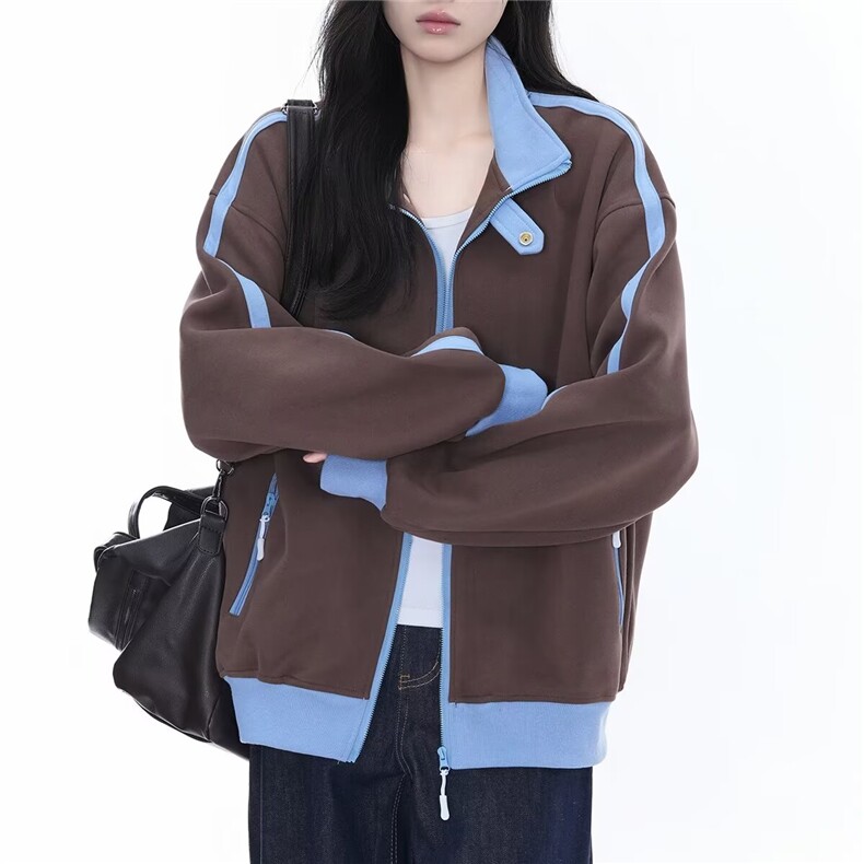 拼接运动卫衣开衫女春秋季新款潮牌休闲外套高街立领棒球服潮图片