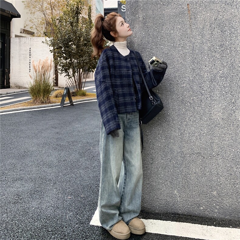 韩系蓝色格子双面呢羊毛外套女秋冬2025新款时髦减龄绝美短款大衣,女装毛呢外套,2B237