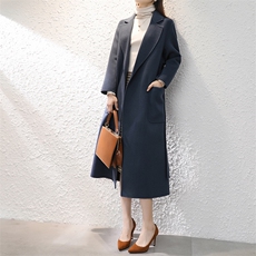 双面羊毛大衣女长款秋冬新款系带翻领羊毛呢大衣外套，女装双面呢大衣，佳恩服饰